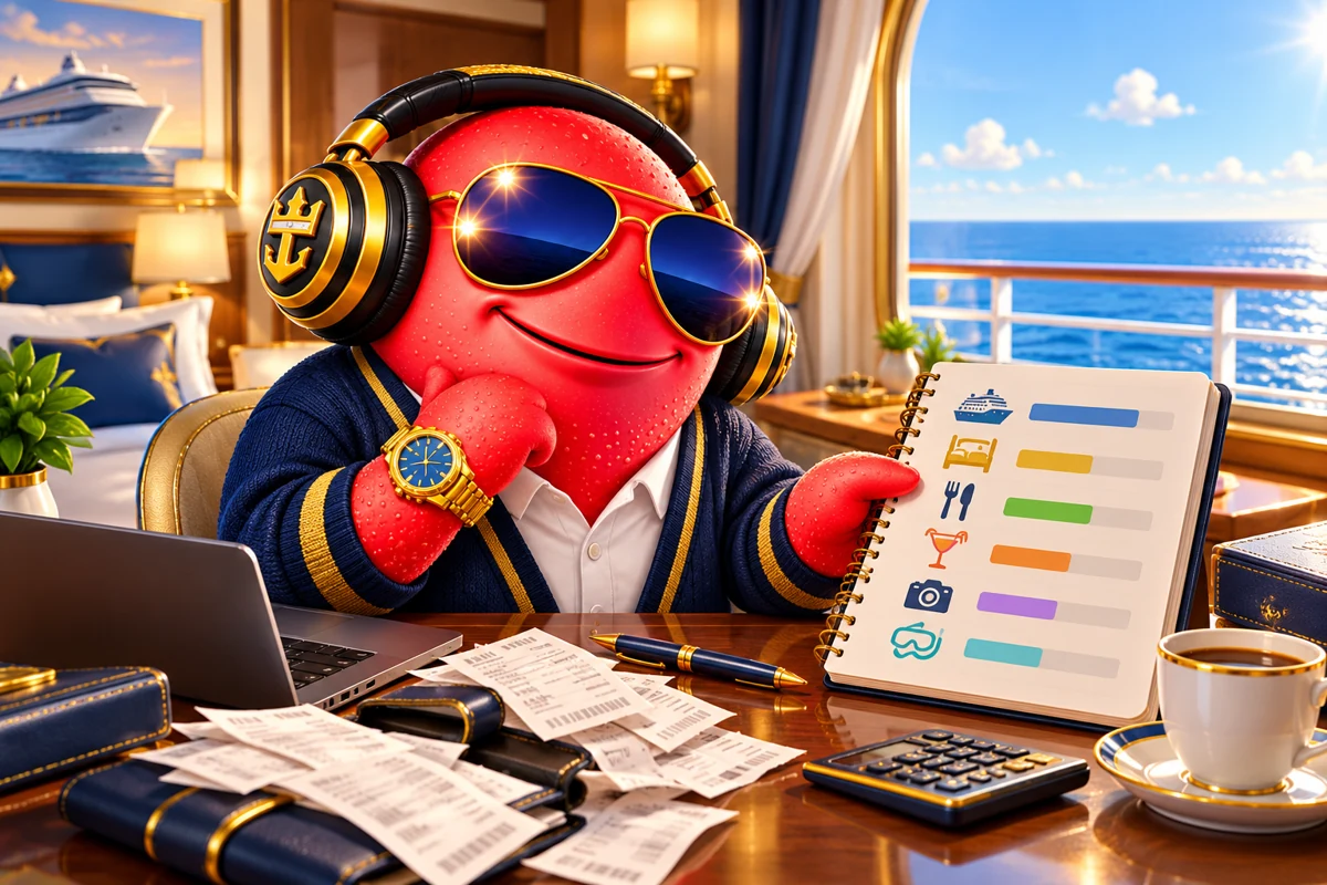 Scooter reviewing travel costs at a shipboard desk
