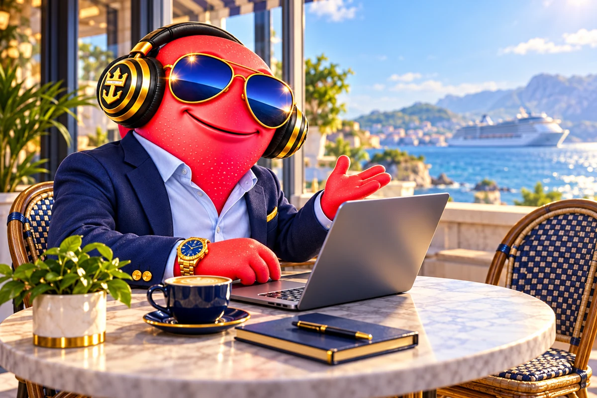 Scooter working at a quiet café table overlooking the sea