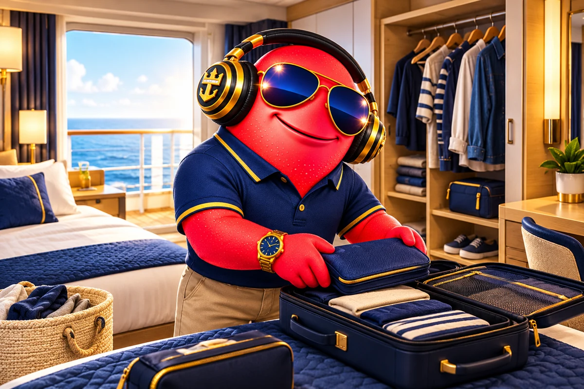 Scooter arranging a compact suitcase in a tidy cruise cabin