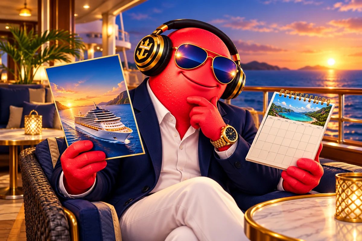 Scooter comparing a cruise invitation with a travel calendar