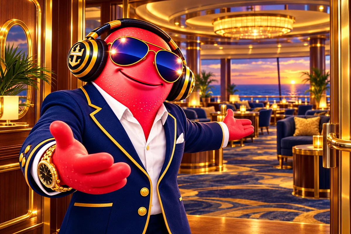 Scooter welcoming readers into a shipboard lounge