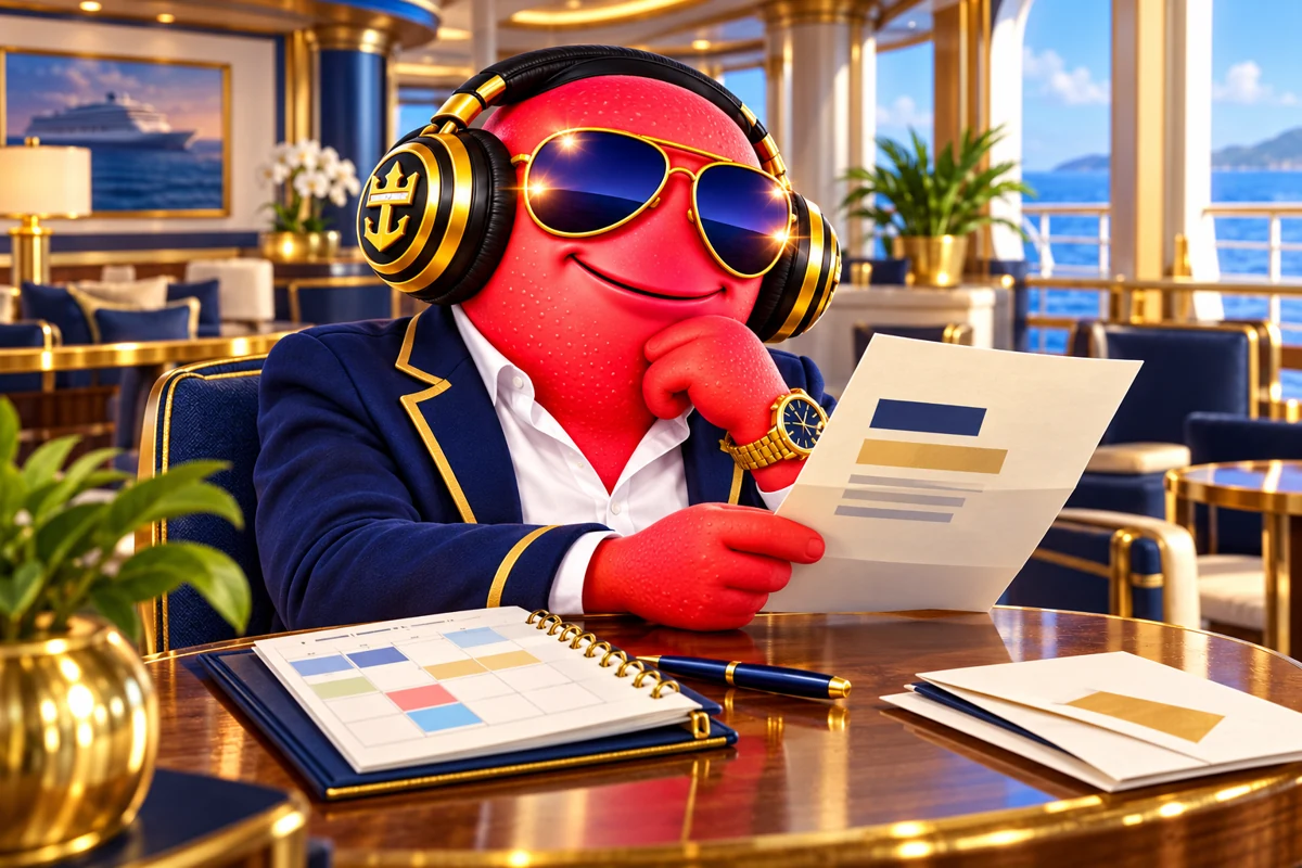 Scooter reading an invitation in a shipboard planning lounge