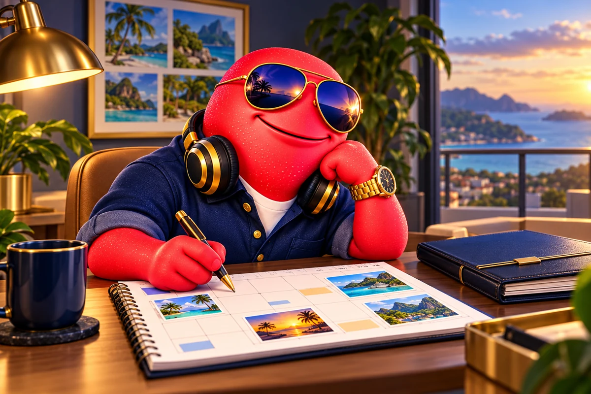 Scooter reviewing a travel calendar at a home planning desk