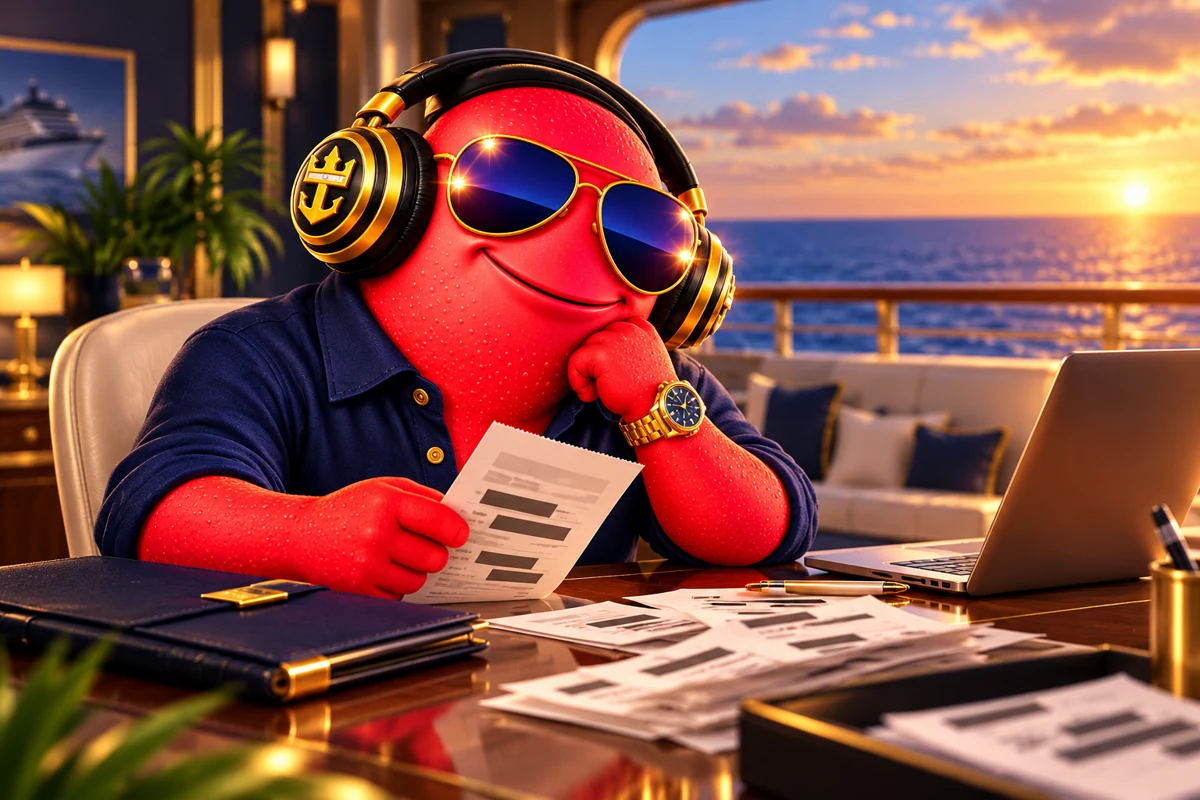 Scooter reviewing redacted cruise receipts at a quiet desk