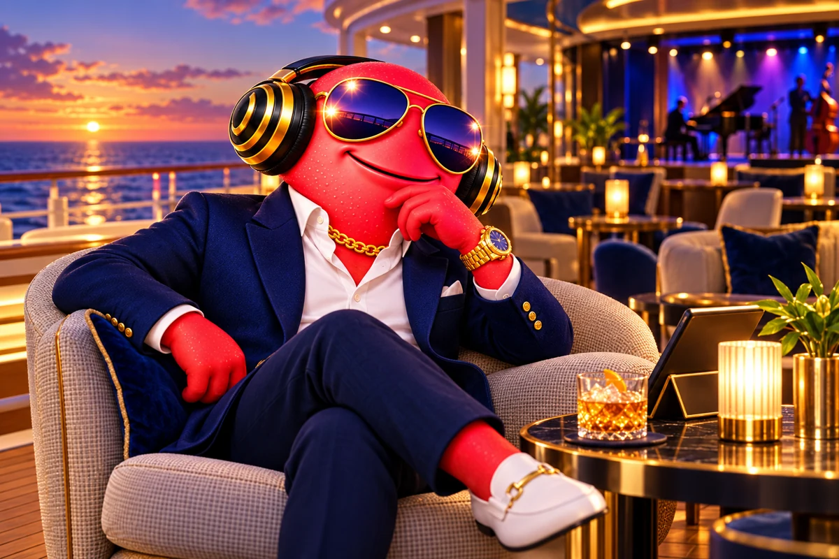 Scooter pausing in a shipboard lounge before evening entertainment