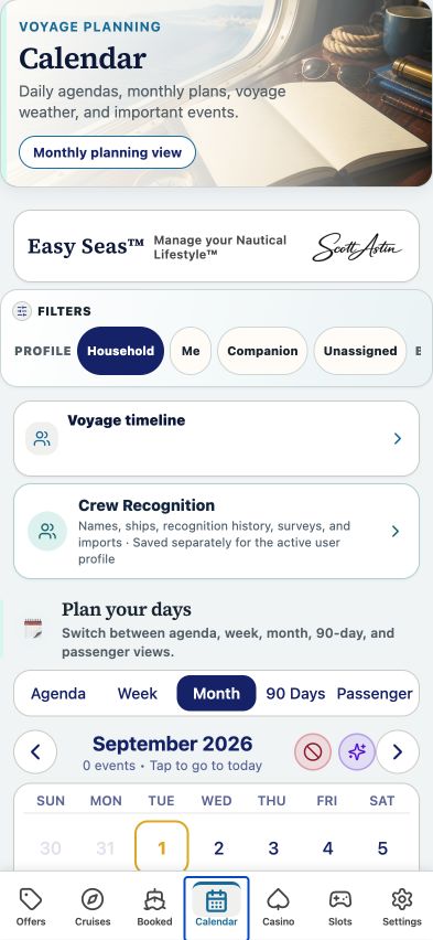 Easy Seas Calendar tab showing voyage planning filters, the Month view, and the September 2026 calendar.