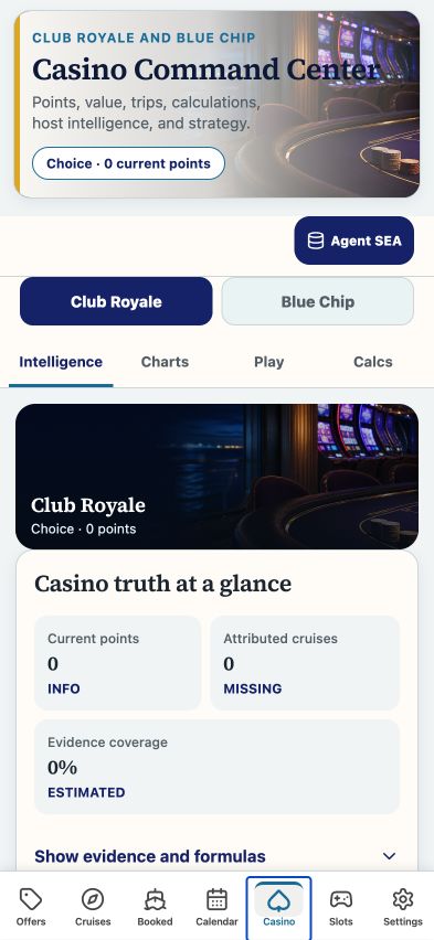Easy Seas Casino tab showing Club Royale and Blue Chip tabs, Intelligence, Charts, Play, and Calcs.