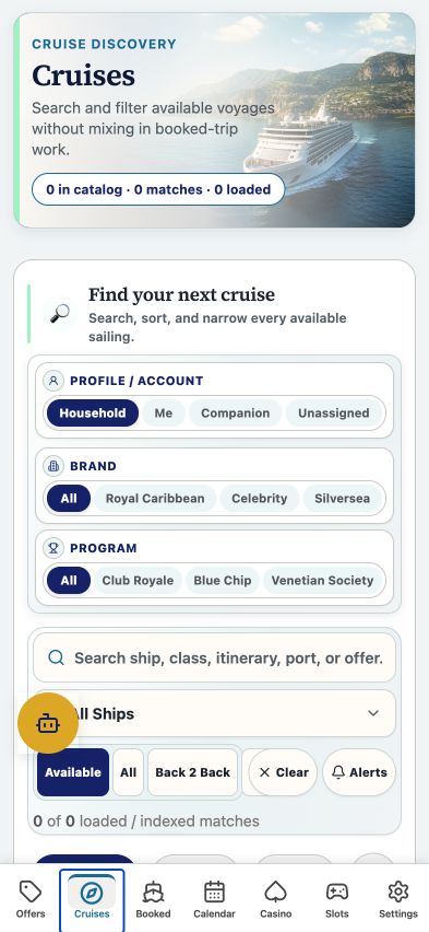 Easy Seas Explore tab showing cruise discovery filters for profile, brand, program, search, ships, and availability.