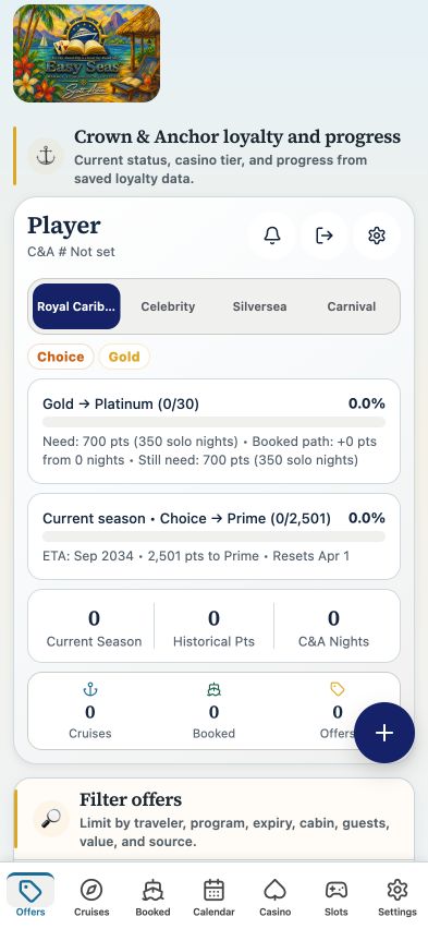Easy Seas Home tab showing the Player loyalty summary, offer filters, and Offers navigation tab.