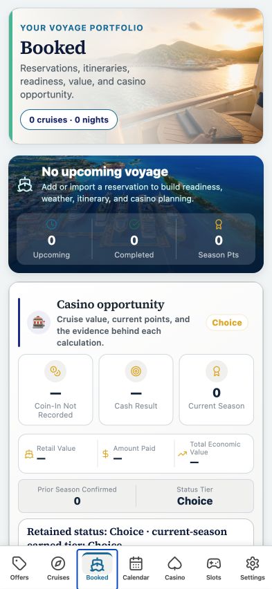 Easy Seas My Voyages tab showing the Booked portfolio, upcoming voyage counts, and casino opportunity summary.
