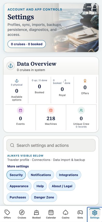 Easy Seas Settings tab showing Data Overview, search settings and actions, security, integrations, purchases, and privacy controls.