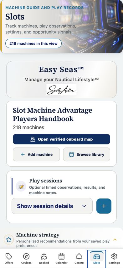 Easy Seas Slots tab showing the machine guide, onboard map, play sessions, and machine strategy tools.