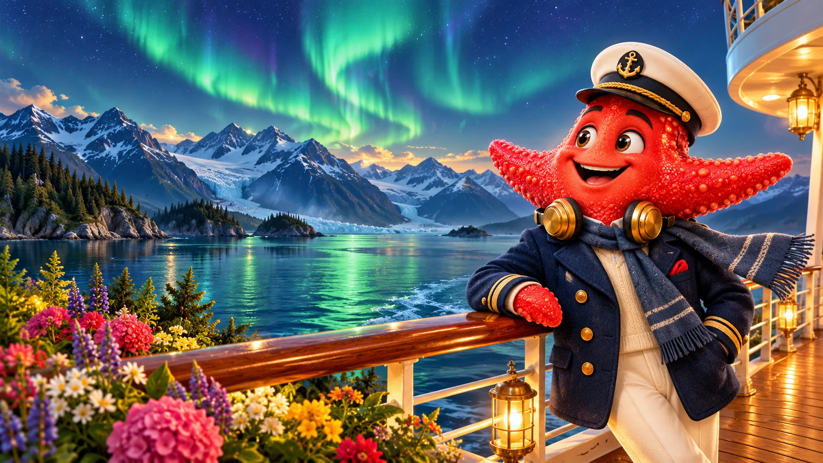 Illustrated Scooter watching the northern lights from a ship’s deck