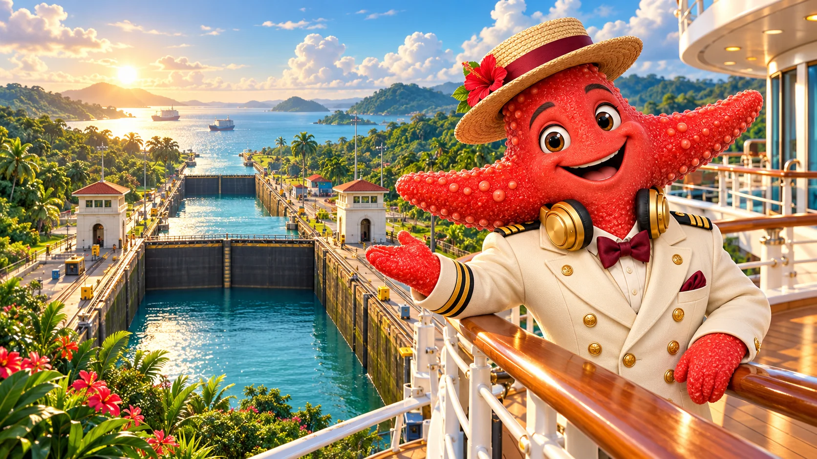 Illustrated Scooter introducing the Panama Canal from a cruise ship