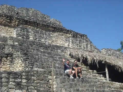 Scott and a companion on the ancient stonework — Costa Maya, Mexico — Chacchoben Maya Ruins