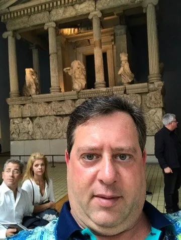 Scott inside the museum with the Nereid Monument — London — British Museum and Rosetta Stone