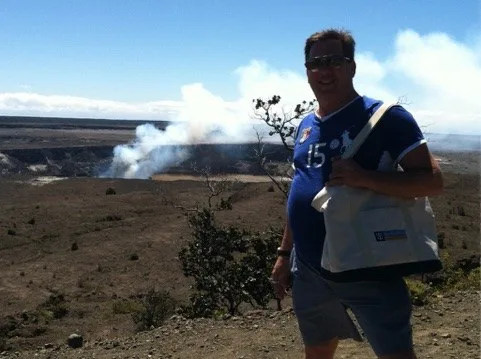 Scott with the active crater behind him — Hawaiʻi — Volcanoes National Park