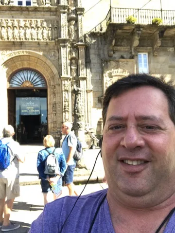Scott in the cathedral quarter — Santiago de Compostela