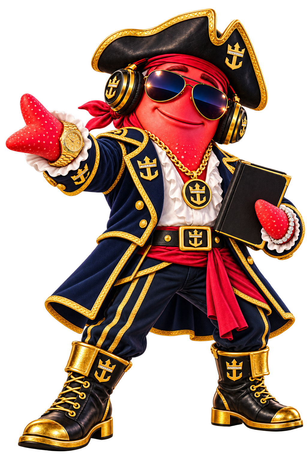 Scooter Stardust dressed for Sea and Slot School in his pirate hat, navy blazer, headphones, gold Crown and Anchor emblem, gold watch, and diamond bracelet